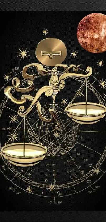 Zodiac Libra wallpaper with gold scales and cosmic elements.