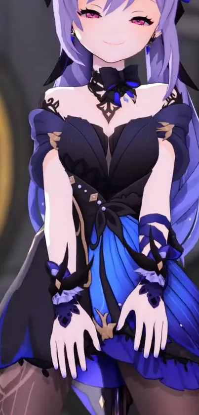 Elegant anime character with blue accents in stylish pose.