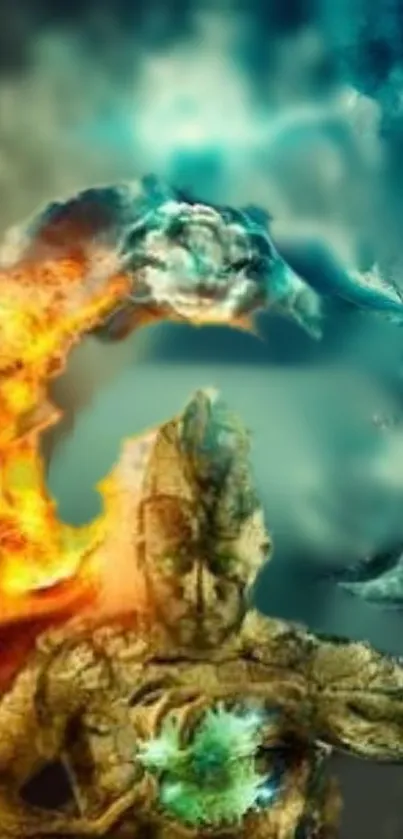 Dynamic fantasy wallpaper with elements of fire, water, and earth.