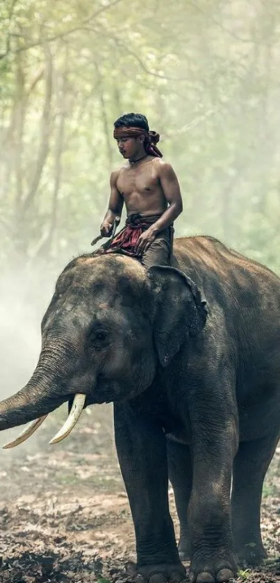 Man riding elephant in misty forest.