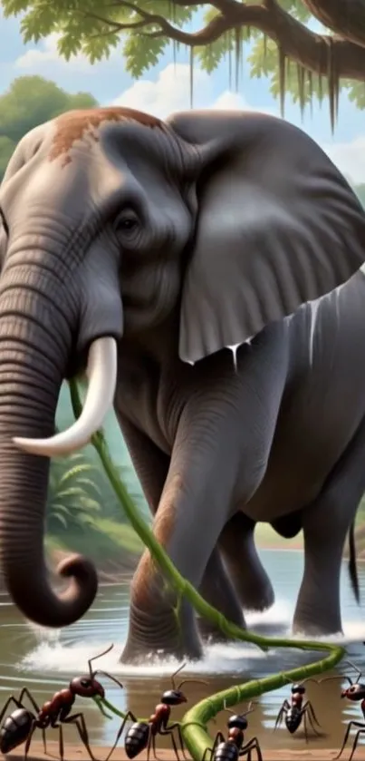 Illustration of an elephant and ants in a jungle setting