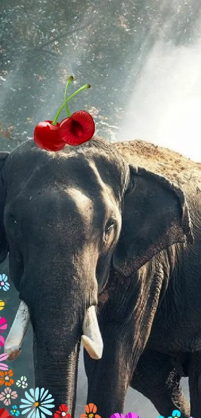 Majestic elephant with cherry crown in a floral fantasy backdrop.