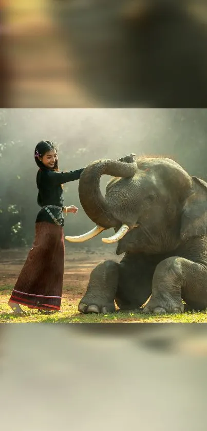 Young woman and elephant in harmonious nature scene, capturing serenity and connection.