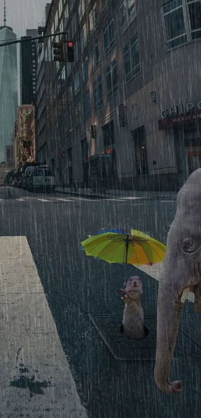 Elephant and mouse sharing an umbrella on a rainy city street.