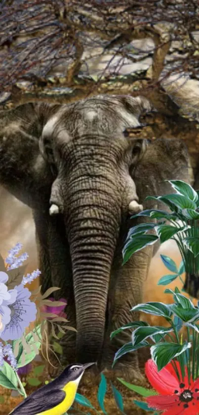 Majestic elephant amidst vibrant flora with bird and colorful flowers.