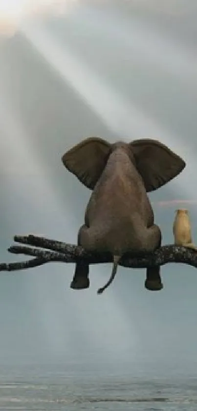 Elephant and owl on branch overlooking sea.