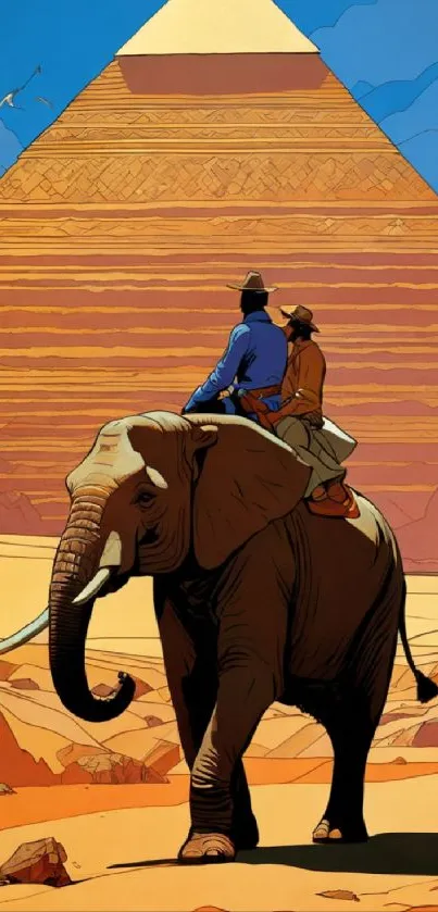 Travelers on elephant in front of a desert pyramid scene.