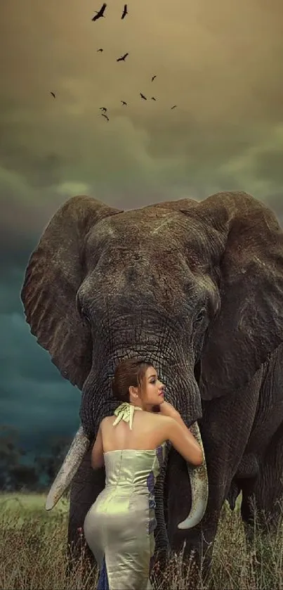 Woman in elegant dress with elephant under dramatic sky.