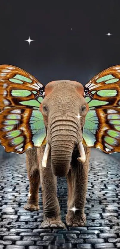 Surreal elephant with butterfly wings on cobblestone path.