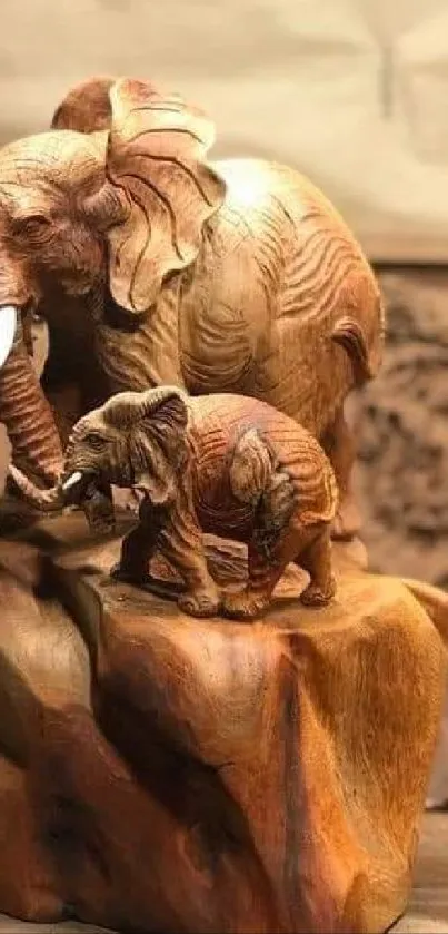 Wooden elephant carving art showcased in intricate detail.