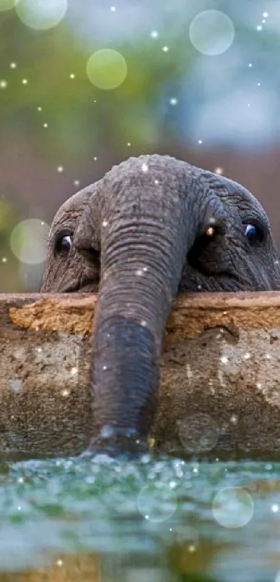 Elephant drinking water in a serene natural setting.