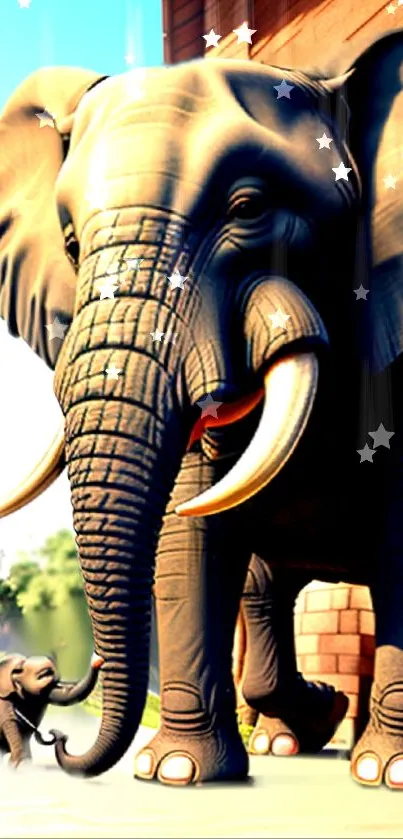 Illustration of elephants with artistic stars in a playful setting.