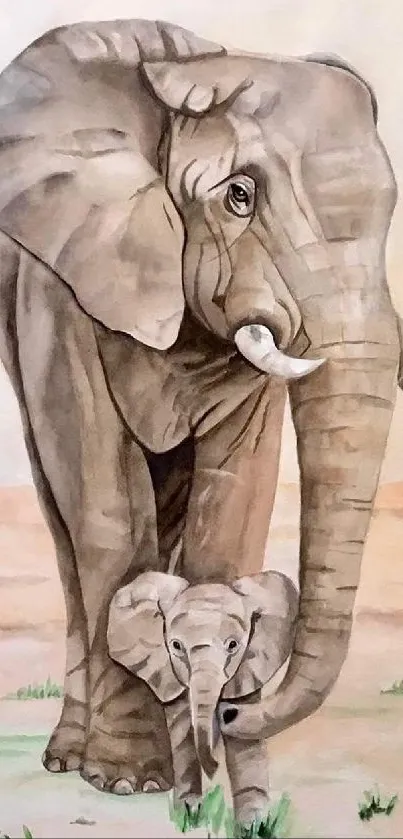 Painting of an elephant family in neutral tones.