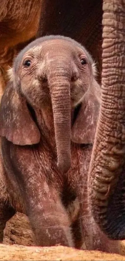 Adorable baby elephant in natural setting with family.