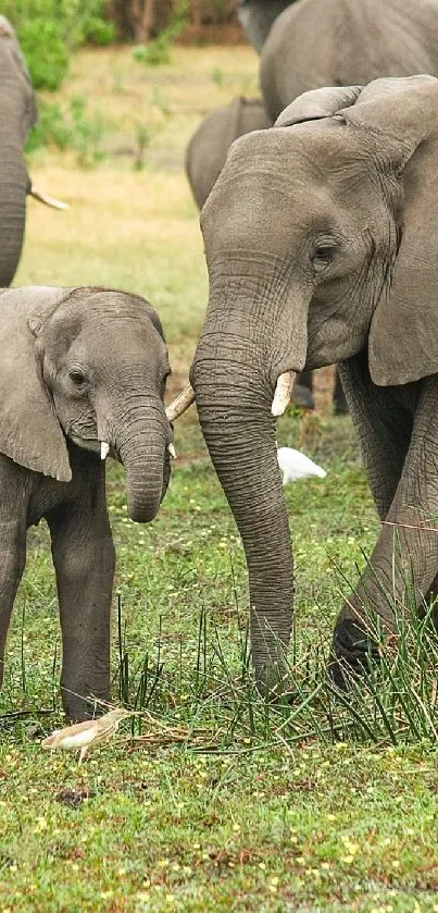 Elephant family walking in green savanna.