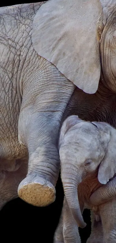 Mother elephant with calf on black background.