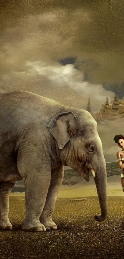 Fantasy wallpaper with elephant and warrior in mystical landscape.