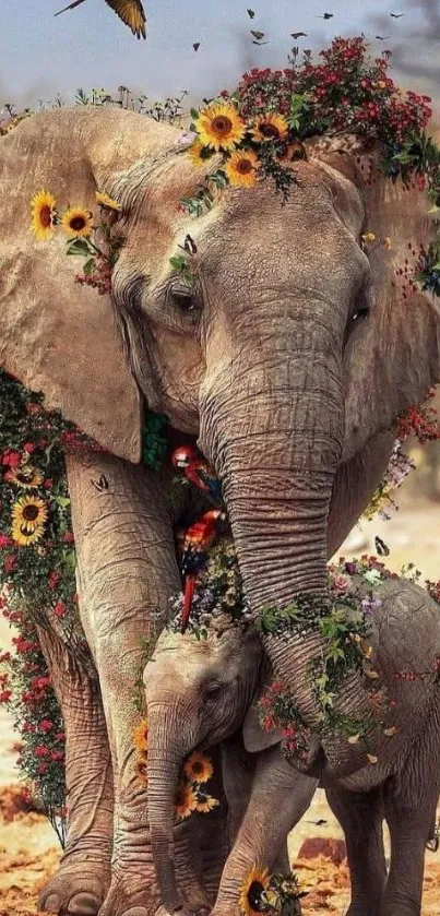 Two elephants with vibrant flowers, creating a serene nature scene.