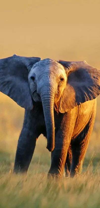 Young elephant on savannah at sunset, bathed in golden light.