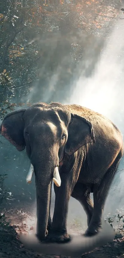 Elephant in a sunlit, mystical forest landscape.