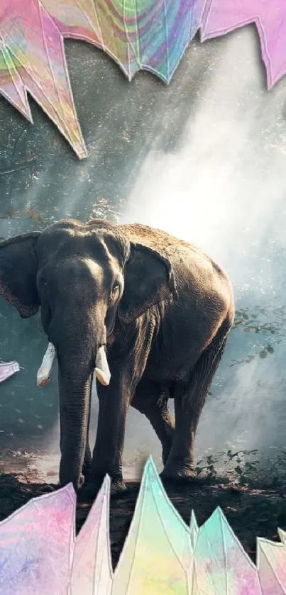 Elephant in a mystical forest with geometric pastel patterns.