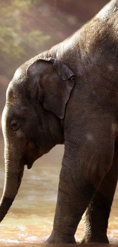 Elephant standing in sunlit water, creating a serene wildlife scene.