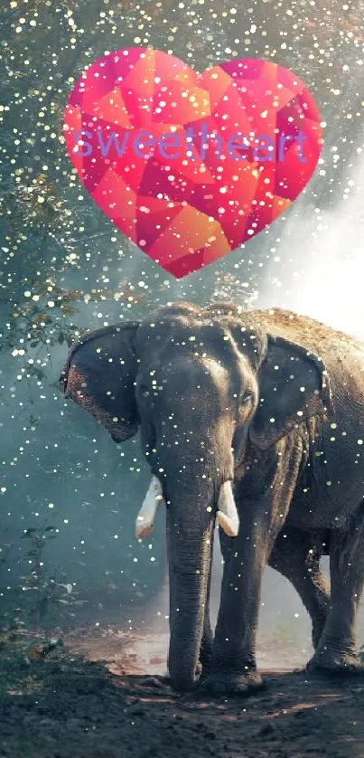 Elephant under heart balloon in forest path