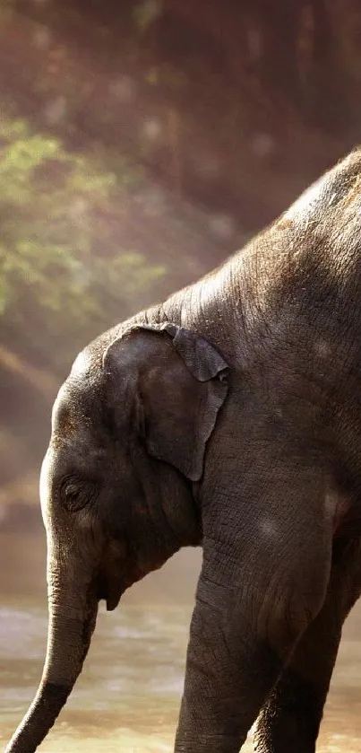 Elephant in a sunlit forest setting with serene surroundings.