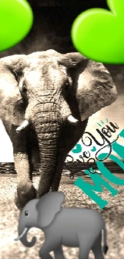 Elephant and green hearts mobile wallpaper showcasing nature and love.