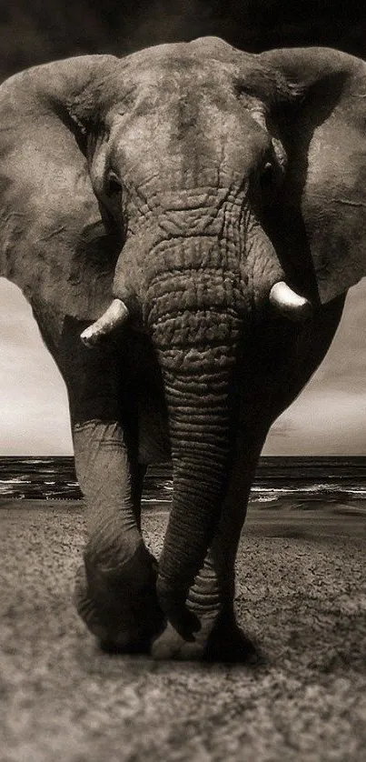 Majestic elephant standing on a scenic beach with sepia tones.