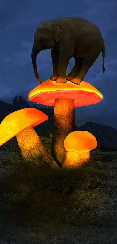 Elephant standing on glowing mushrooms at night.