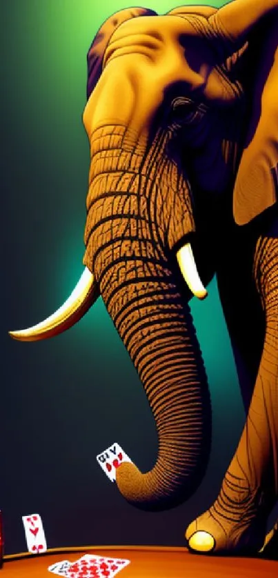 Elephant playing poker on a vibrant and surreal mobile wallpaper design.