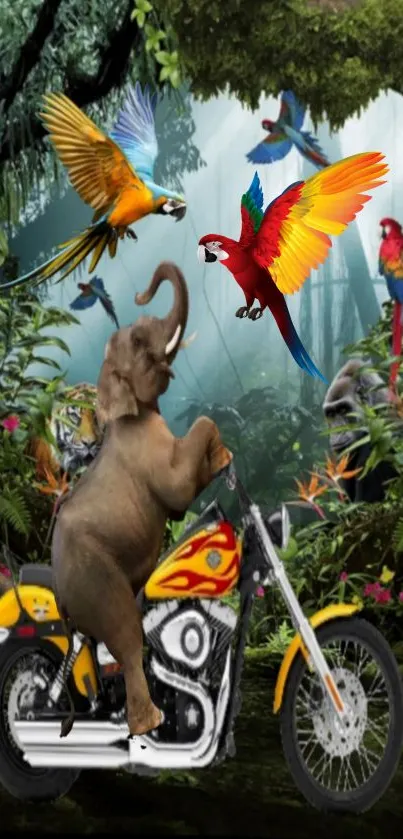 Elephant on motorcycle amidst colorful jungle with parrots.