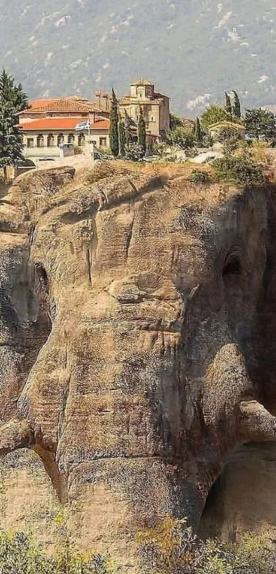 Elephant-shaped rock with village on top, ideal for mobile wallpaper.