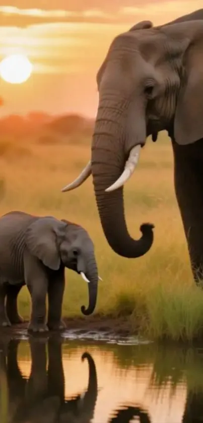 Elephants by a waterhole at sunset in the savanna.