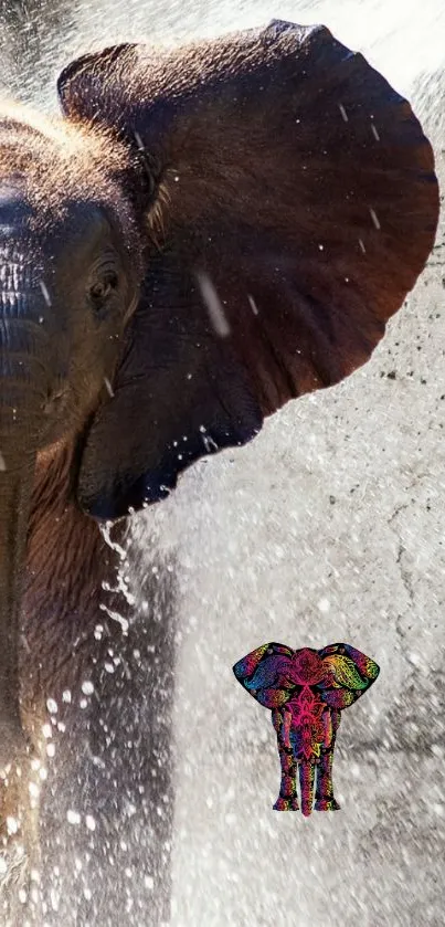 Elephant enjoying a shower with vibrant artistic pattern.