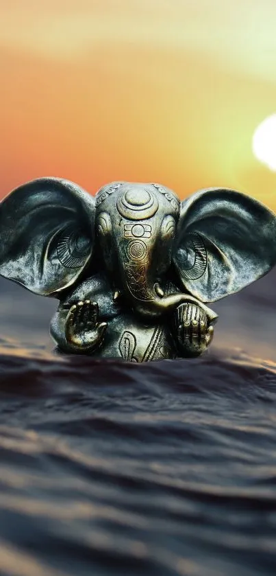 Elephant statue in ocean at sunset, tranquil and artistic mobile wallpaper.