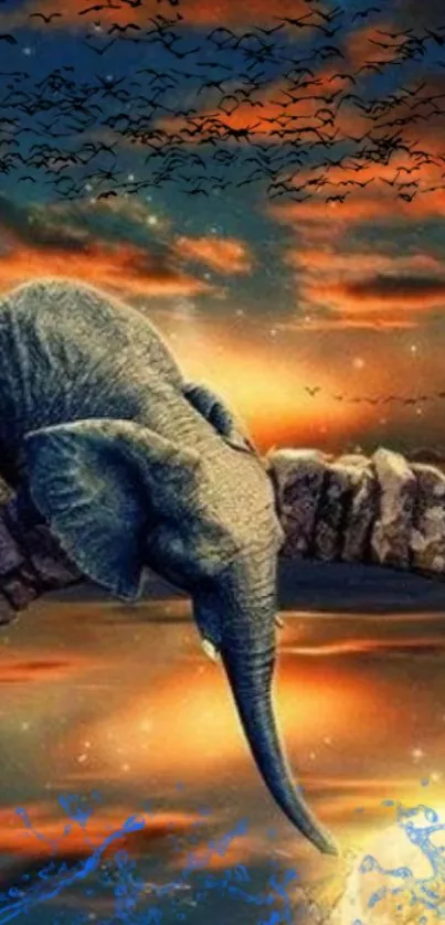 Elephant resting on a stone bridge with a vibrant sunset sky and birds in the background.