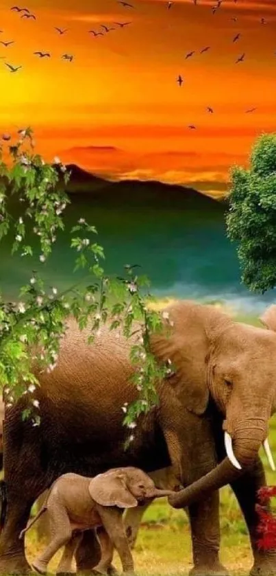 Elephant family in a sunset landscape with trees and birds overhead.