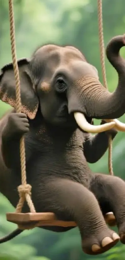 Elephant swinging in jungle with lush green background.