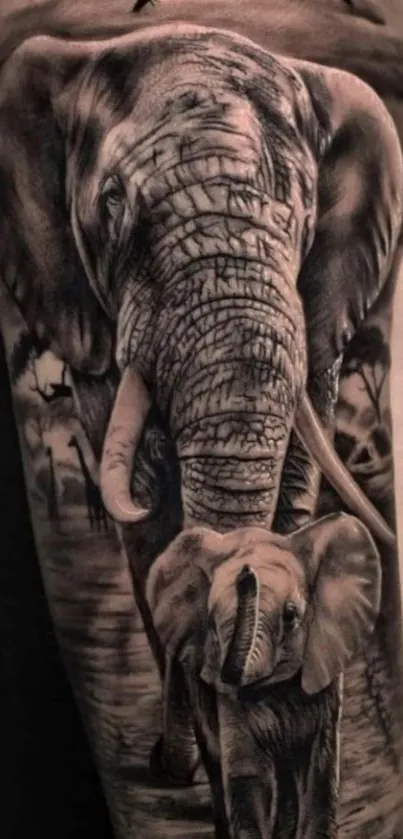 Elephant tattoo art with detailed design in grayscale for mobile wallpaper.