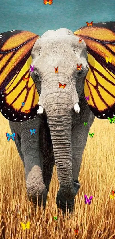 Elephant with butterfly wings in a golden field, surreal nature art.