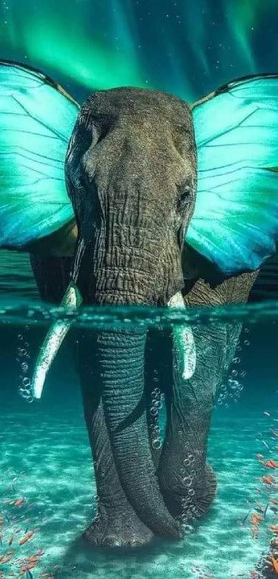 Elephant with butterfly wings and northern lights in background.