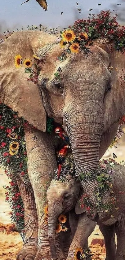 Elephants with vibrant flowers in nature.