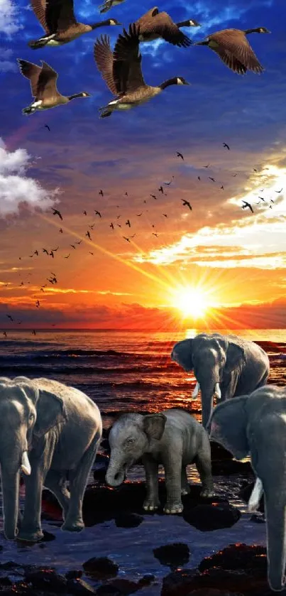 Elephants on beach at sunset with birds in sky.