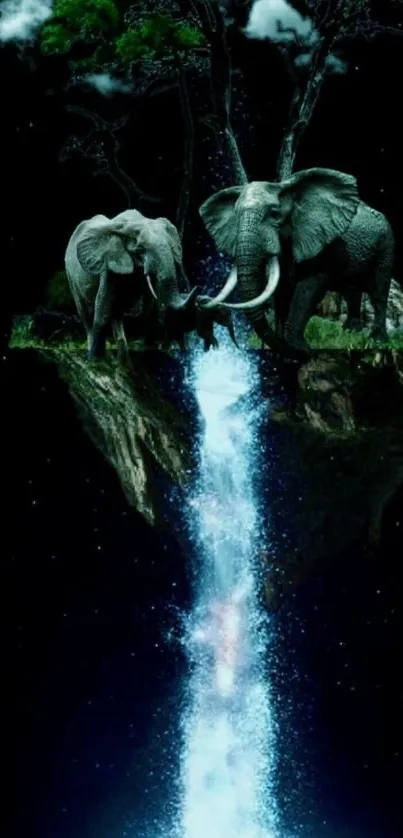 Surreal scene with elephants atop a waterfall illuminate the night sky.