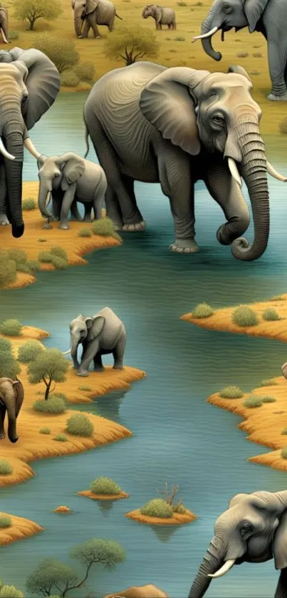 Elephants gather by a tranquil river in a serene nature wallpaper.