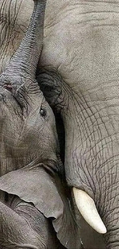 Close-up of mother and baby elephants in calm setting.