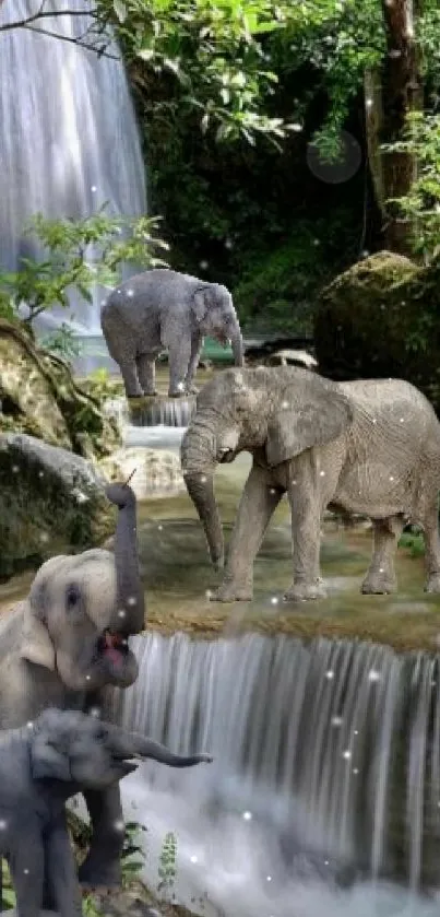 Elephants in a lush forest with cascading waterfall.