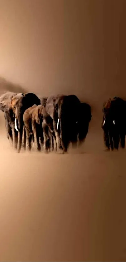 Herd of elephants walking in misty brown savanna, creating a tranquil scene.